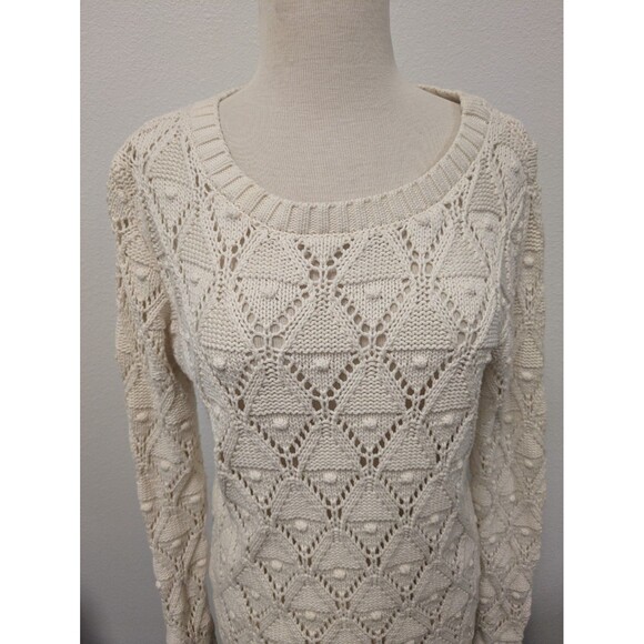 Tommy Hilfiger Ivory Diamond Open Knit Sweater sz M Pom Pom Preppy Classic - Picture 3 of 9